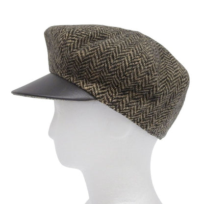 Hermes Wool Cashmere Dear Leather Use Herringbone Pattern Tweed Casket Hat