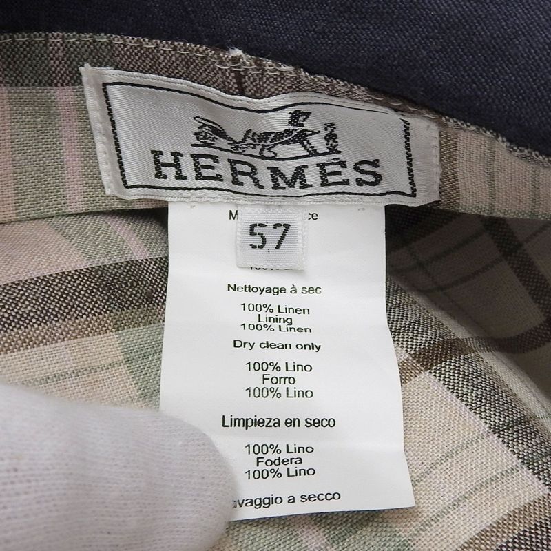 Hermes Paola 100% Linen Logo Embroidery Checkered Lining Casket Hat Navy 57