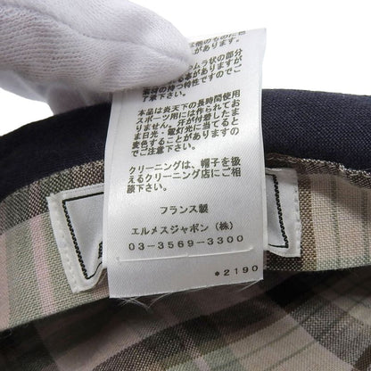 Hermes Paola 100% Linen Logo Embroidery Checkered Lining Casket Hat Navy 57