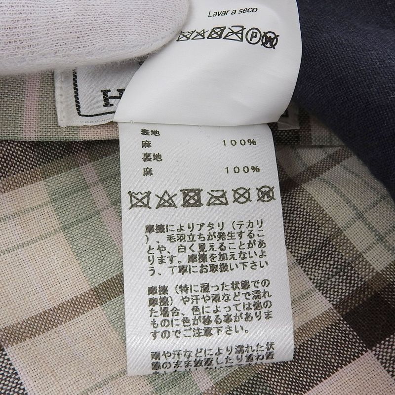 Hermes Paola 100% Linen Logo Embroidery Checkered Lining Casket Hat Navy 57