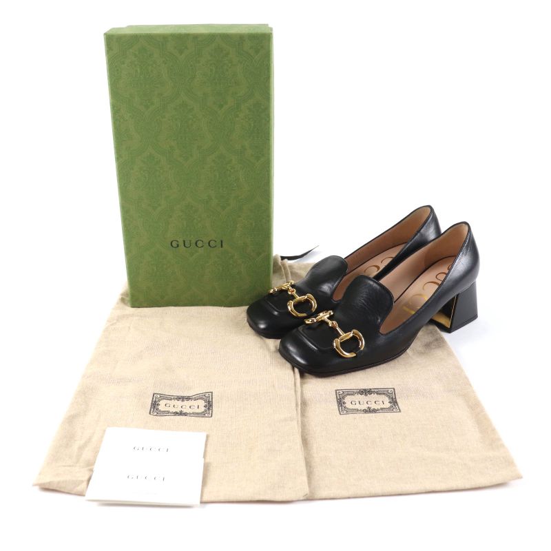 Gucci 643884 Malaga KID NERO Horsebit Mid Heel Leather Pumps Gold Hardware 38
