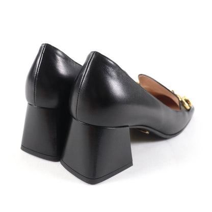 Gucci 643884 Malaga KID NERO Horsebit Mid Heel Leather Pumps Gold Hardware 38