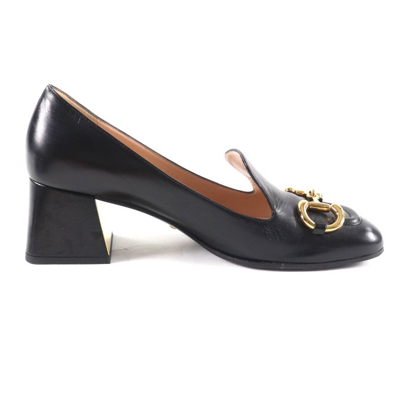 Gucci 643884 Malaga KID NERO Horsebit Mid Heel Leather Pumps Gold Hardware 38
