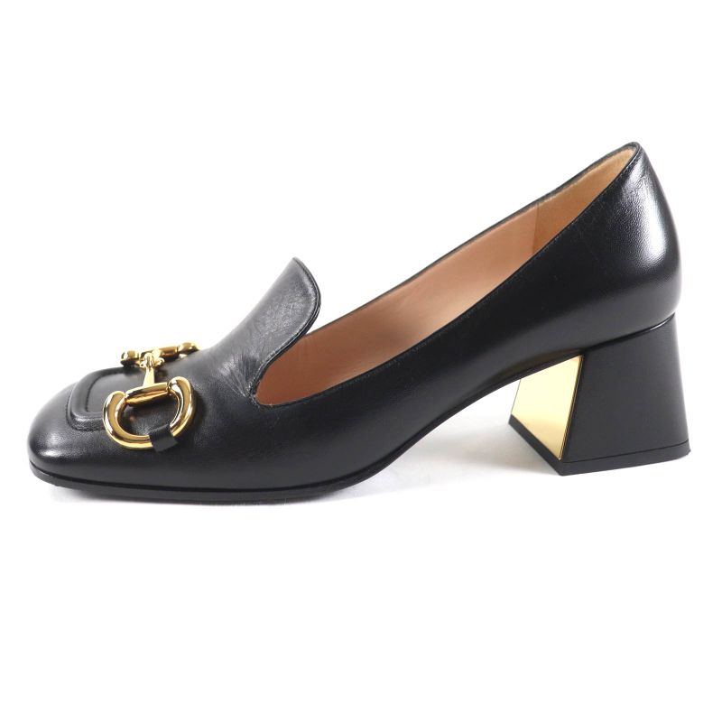 Gucci 643884 Malaga KID NERO Horsebit Mid Heel Leather Pumps Gold Hardware 38