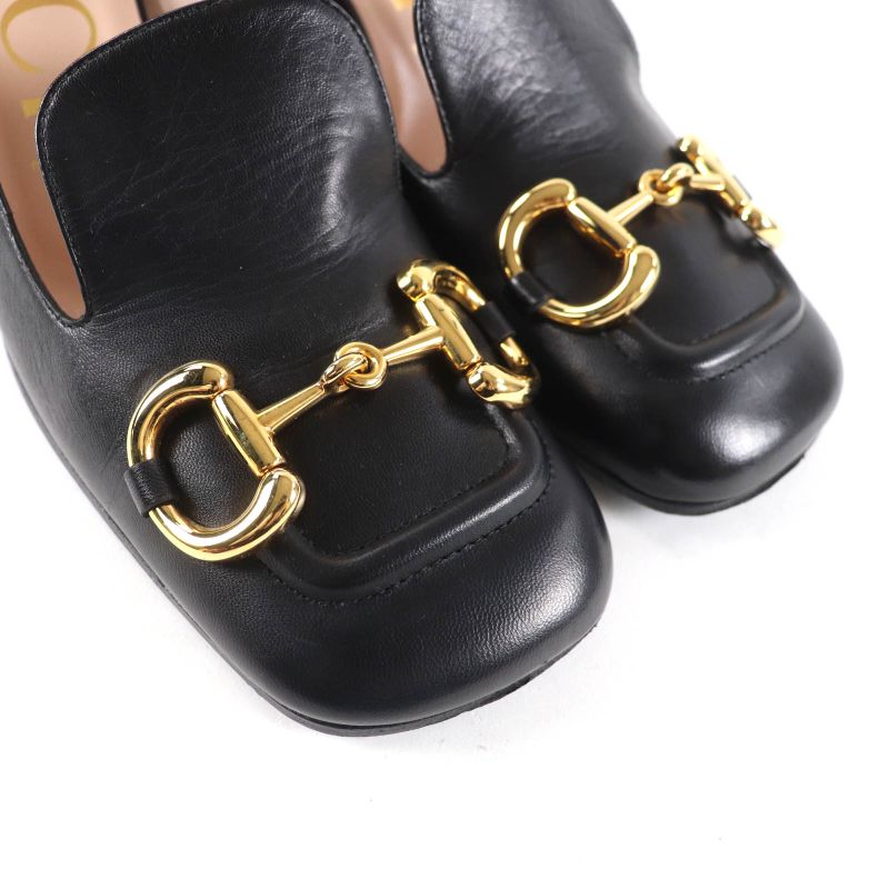 Gucci 643884 Malaga KID NERO Horsebit Mid Heel Leather Pumps Gold Hardware 38