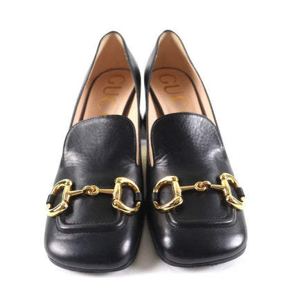 Gucci 643884 Malaga KID NERO Horsebit Mid Heel Leather Pumps Gold Hardware 38
