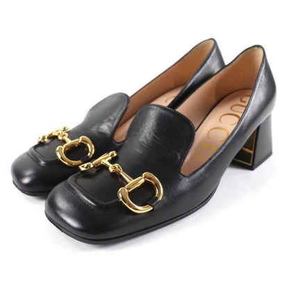 Gucci 643884 Malaga KID NERO Horsebit Mid Heel Leather Pumps Gold Hardware 38