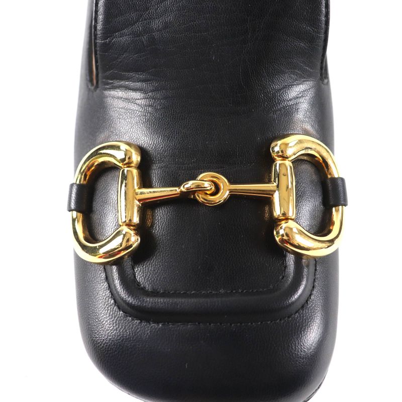 Gucci 643884 Malaga KID NERO Horsebit Mid Heel Leather Pumps Gold Hardware 38
