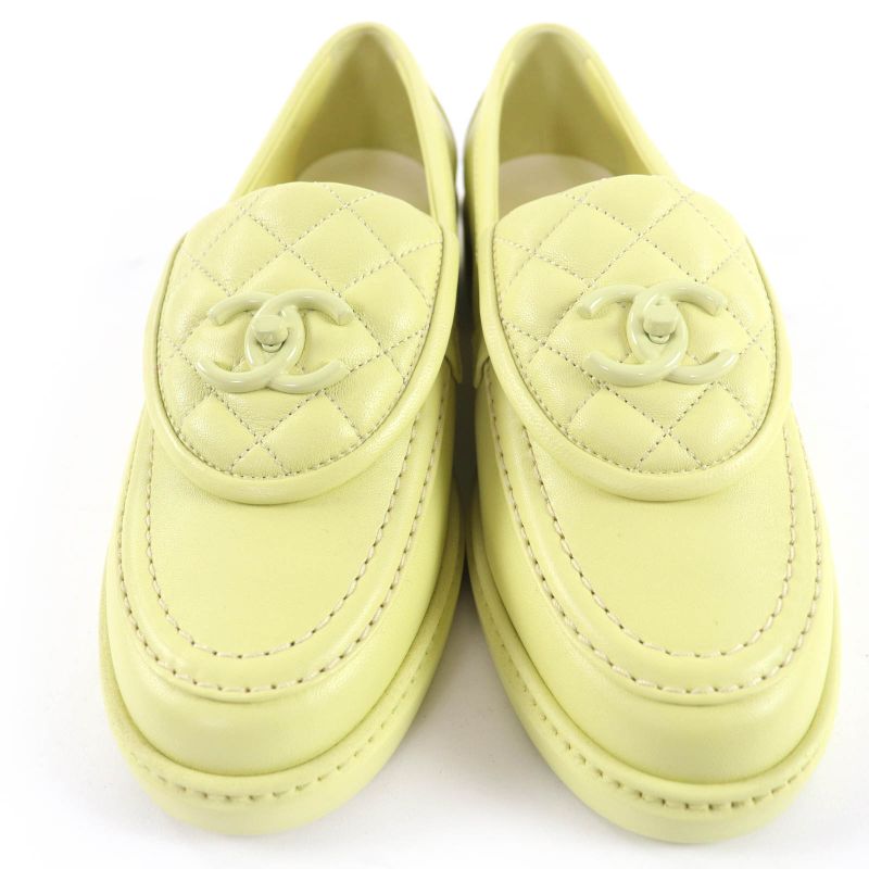 CHANEL G45474 Coco Mark Matelasse Turnlock Leather Loafers Yellow 37 With Box