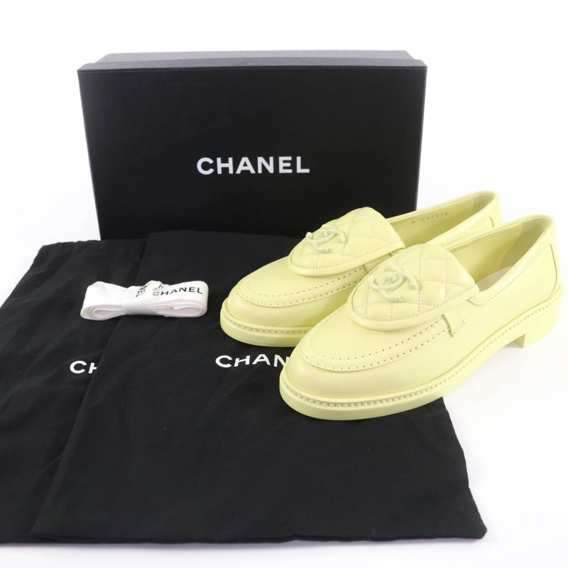 CHANEL G45474 Coco Mark Matelasse Turnlock Leather Loafers Yellow 37 With Box