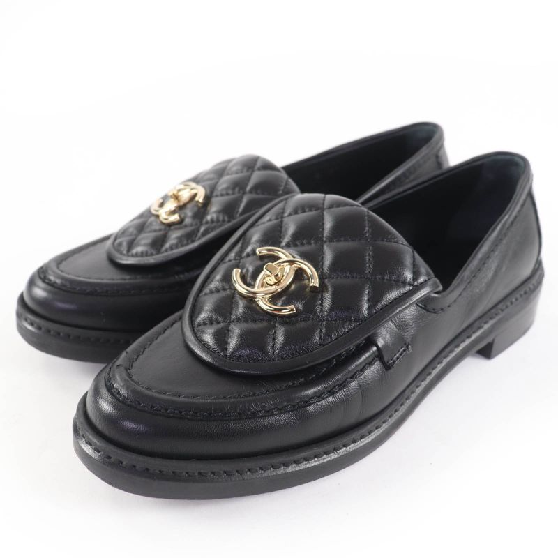 CHANEL G36646 Coco Mark Matelasse Turnlock Leather Loafer Black 37 With Box And