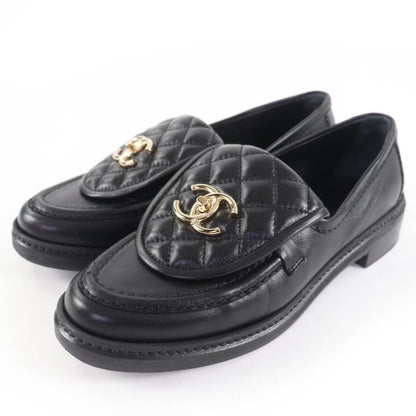 CHANEL G36646 Coco Mark Matelasse Turnlock Leather Loafer Black 37 With Box And