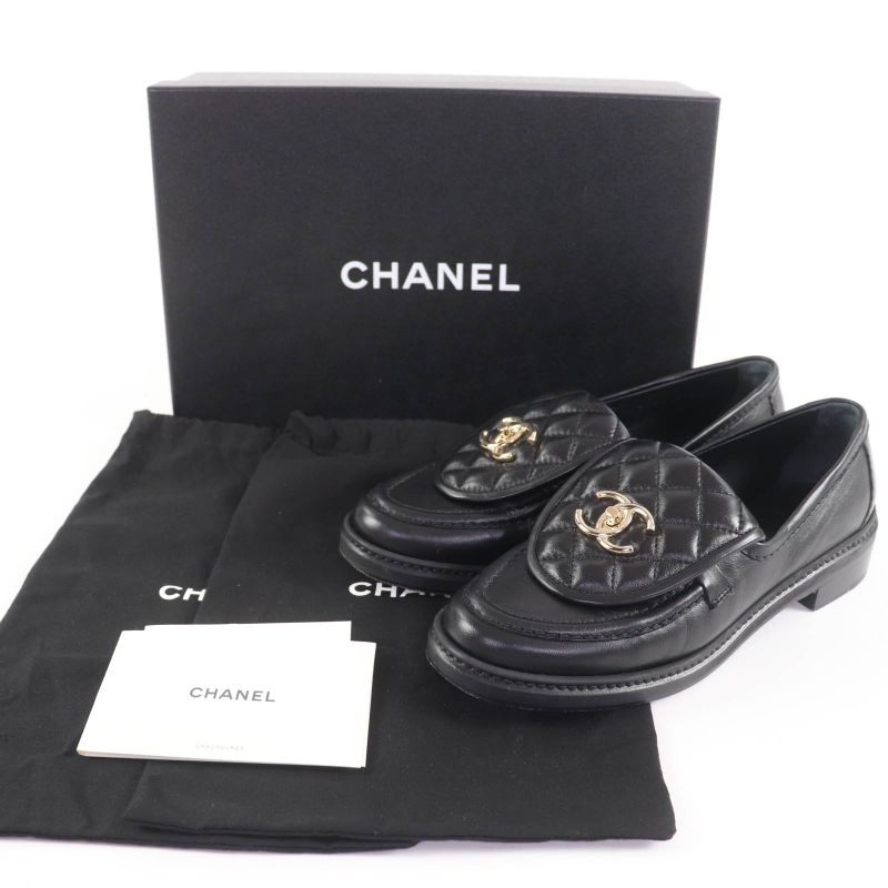 CHANEL G36646 Coco Mark Matelasse Turnlock Leather Loafer Black 37 With Box And