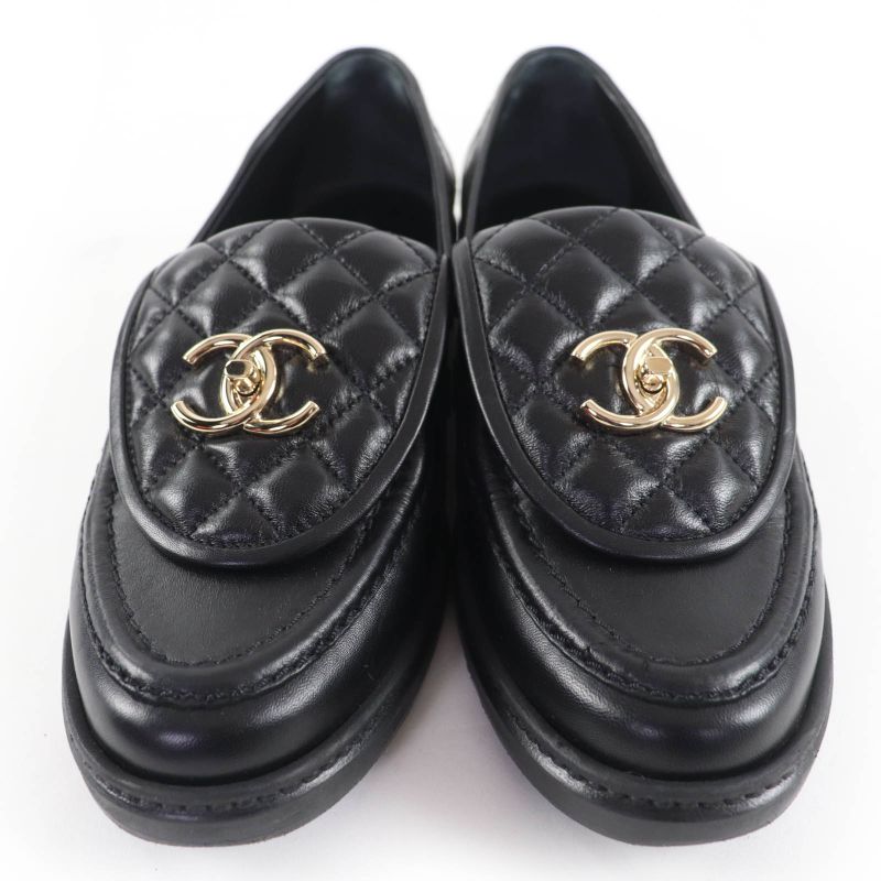 CHANEL G36646 Coco Mark Matelasse Turnlock Leather Loafer Black 37 With Box And