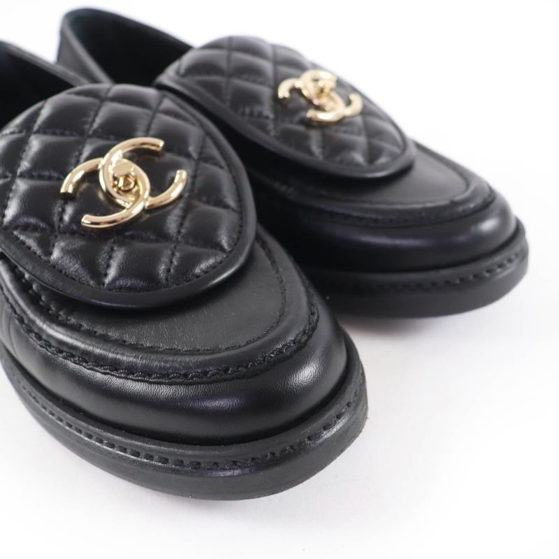 CHANEL G36646 Coco Mark Matelasse Turnlock Leather Loafer Black 37 With Box And
