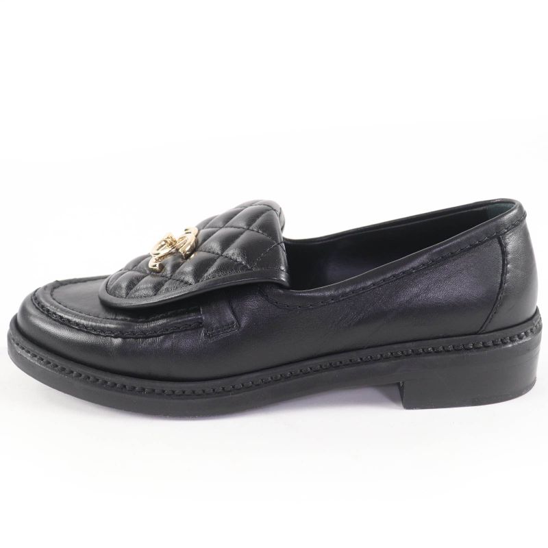 CHANEL G36646 Coco Mark Matelasse Turnlock Leather Loafer Black 37 With Box And