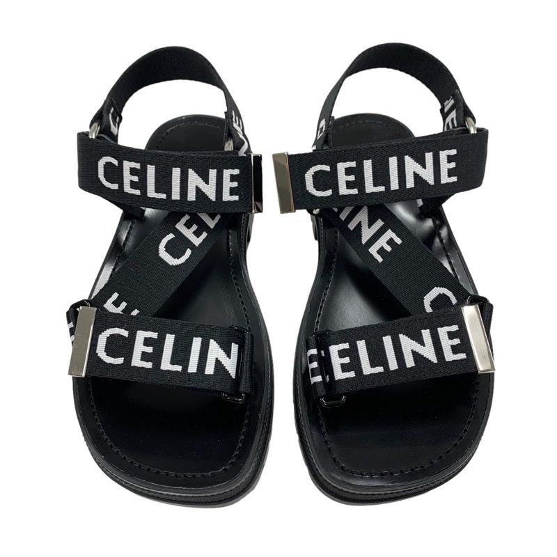 Celine Leo Strappy Sandals Shoes Fabric Leather Black White Black Sports