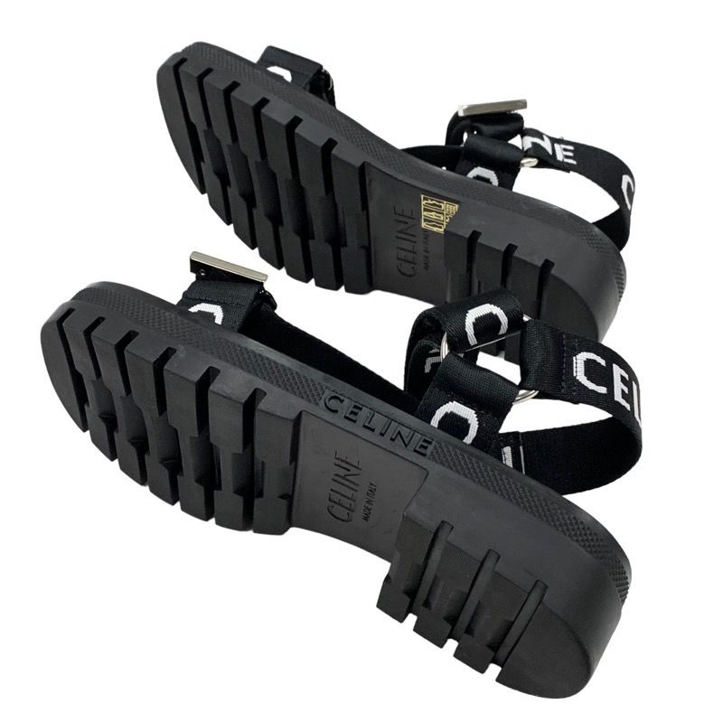 Celine Leo Strappy Sandals Shoes Fabric Leather Black White Black Sports