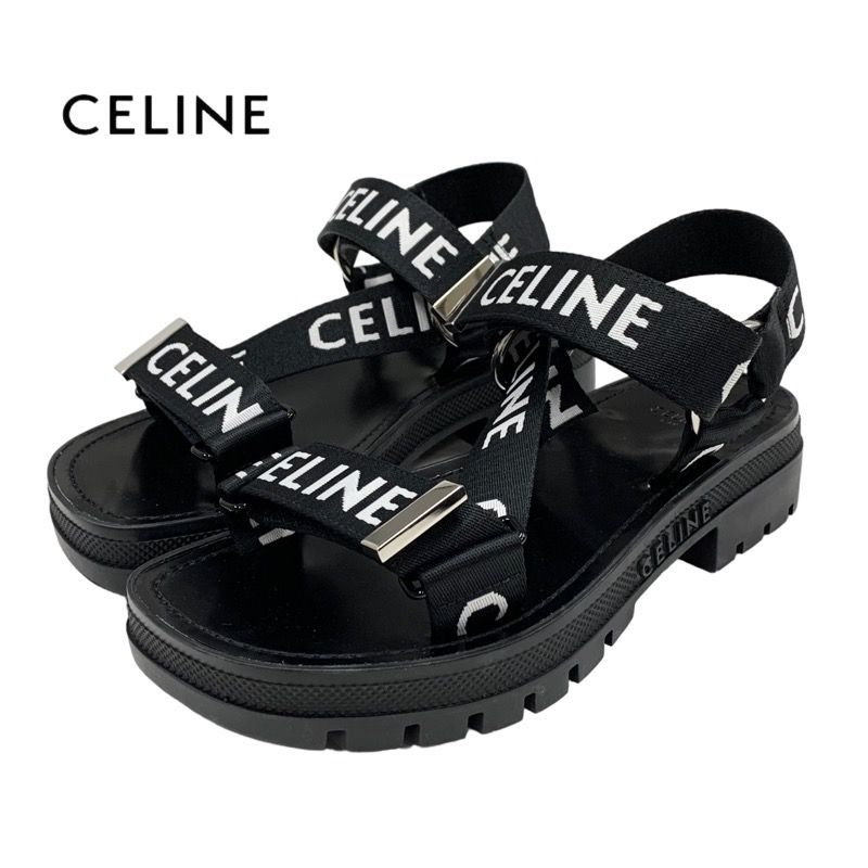 Celine Leo Strappy Sandals Shoes Fabric Leather Black White Black Sports