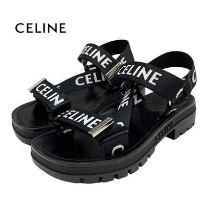 Celine Leo Strappy Sandals Shoes Fabric Leather Black White Black Sports