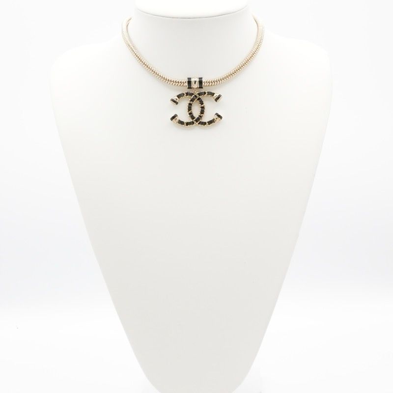 Chanel Necklace Pendant Choker Gold Black Coco Mark Chain