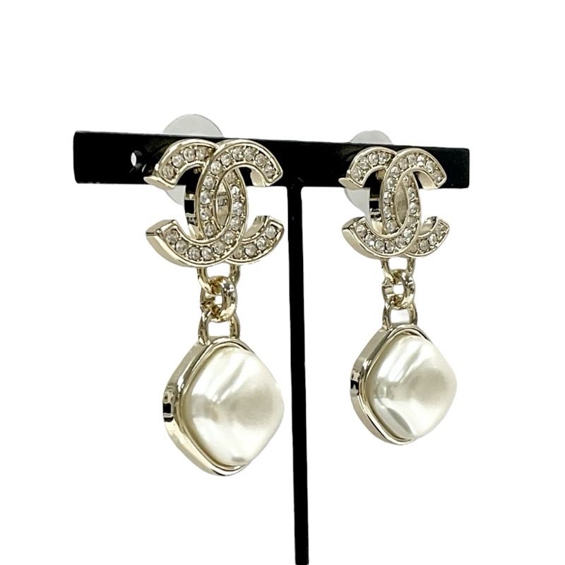 Chanel Earrings Earring Gold Coco Mark Rhinestone Pearl