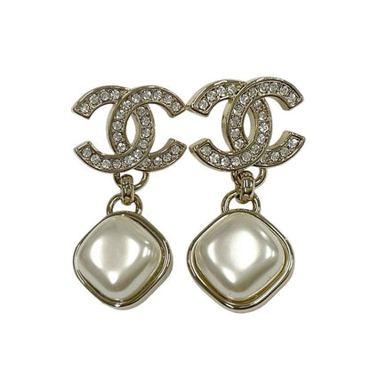 Chanel Earrings Earring Gold Coco Mark Rhinestone Pearl