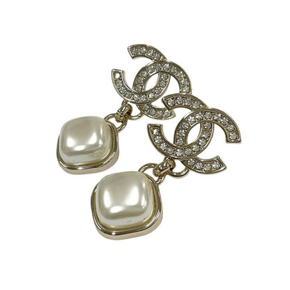 Chanel Earrings Earring Gold Coco Mark Rhinestone Pearl