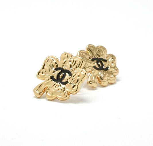 Chanel Earrings Earring Gold Black Coco Mark Clover