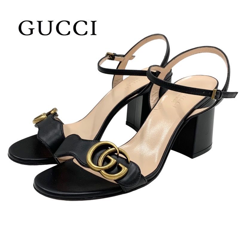 Gucci Double G Sandals Shoes Leather Black Gold Ggmarmont Ankle Strap