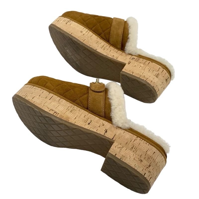 Chanel Sandals Shoes Suede Mouton Cork Brown Gold Sabot Mule Turnlock Coco Mark