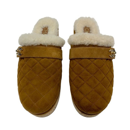 Chanel Sandals Shoes Suede Mouton Cork Brown Gold Sabot Mule Turnlock Coco Mark