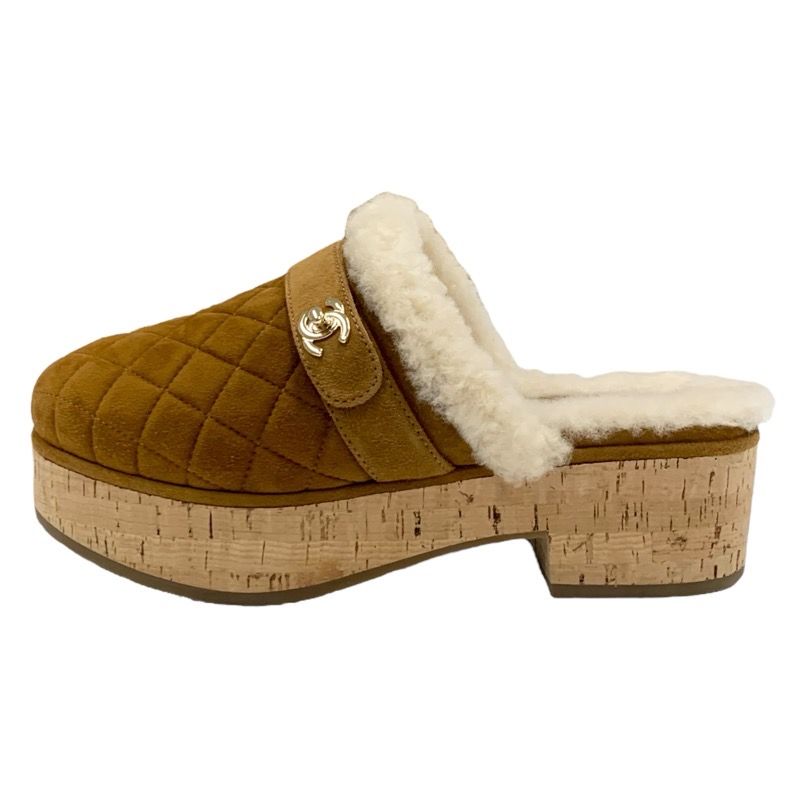 Chanel Sandals Shoes Suede Mouton Cork Brown Gold Sabot Mule Turnlock Coco Mark