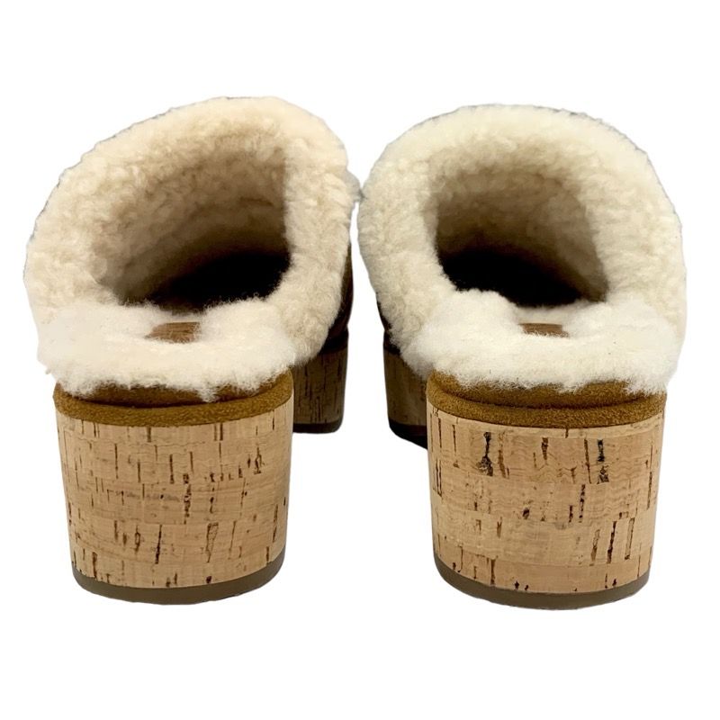 Chanel Sandals Shoes Suede Mouton Cork Brown Gold Sabot Mule Turnlock Coco Mark