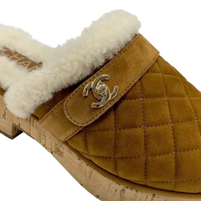 Chanel Sandals Shoes Suede Mouton Cork Brown Gold Sabot Mule Turnlock Coco Mark