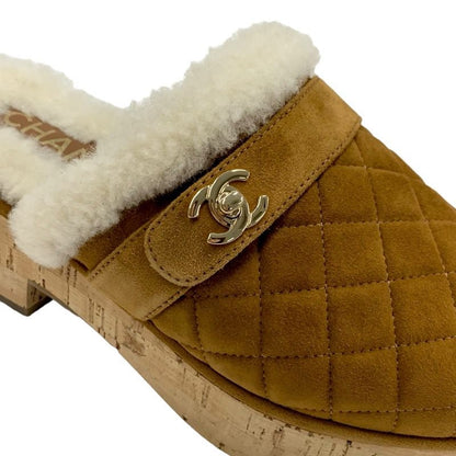 Chanel Sandals Shoes Suede Mouton Cork Brown Gold Sabot Mule Turnlock Coco Mark