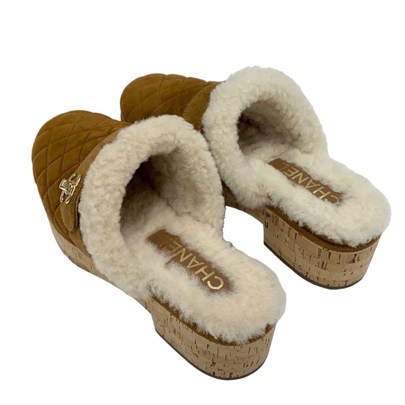 Chanel Sandals Shoes Suede Mouton Cork Brown Gold Sabot Mule Turnlock Coco Mark