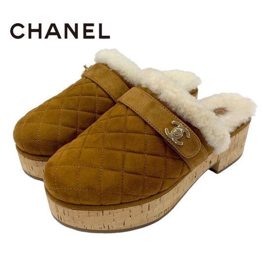 Chanel Sandals Shoes Suede Mouton Cork Brown Gold Sabot Mule Turnlock Coco Mark
