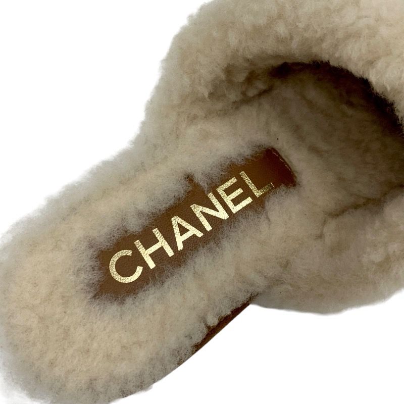 Chanel Sandals Shoes Suede Mouton Cork Brown Gold Sabot Mule Turnlock Coco Mark