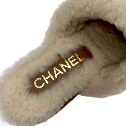 Chanel Sandals Shoes Suede Mouton Cork Brown Gold Sabot Mule Turnlock Coco Mark