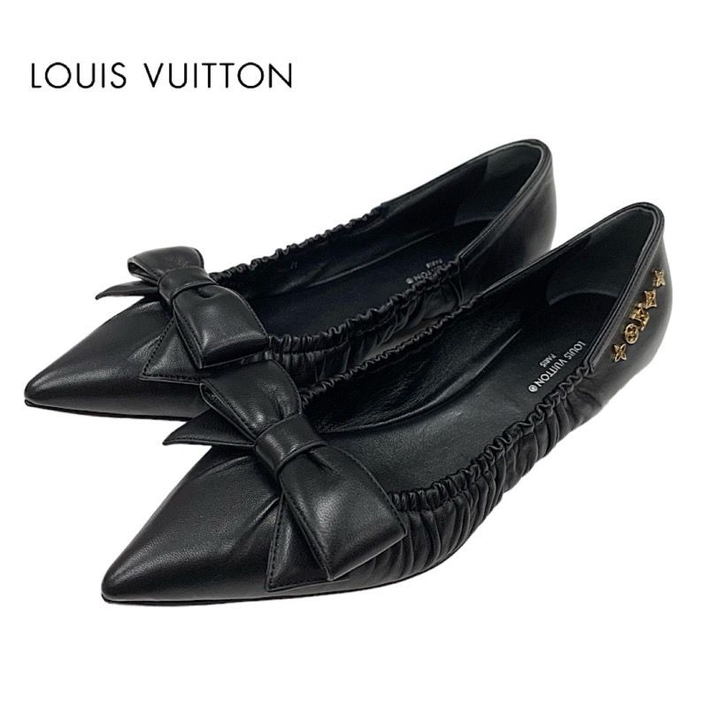 Louis Vuitton Mari Line Flat Shoes Leather Black Gold Logo Ribbon Ballet Shoes