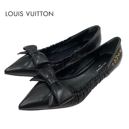 Louis Vuitton Mari Line Flat Shoes Leather Black Gold Logo Ribbon Ballet Shoes