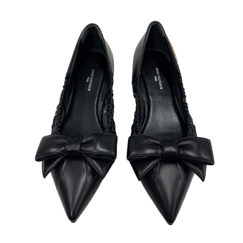 Louis Vuitton Mari Line Flat Shoes Leather Black Gold Logo Ribbon Ballet Shoes