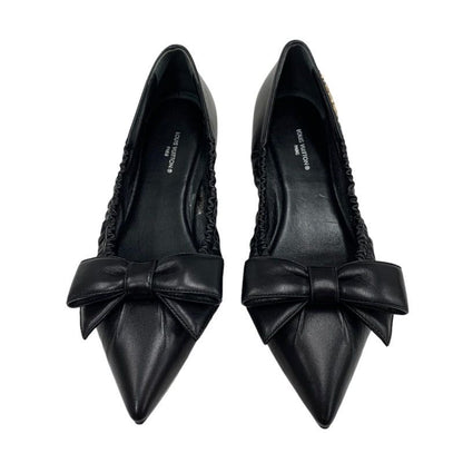 Louis Vuitton Mari Line Flat Shoes Leather Black Gold Logo Ribbon Ballet Shoes