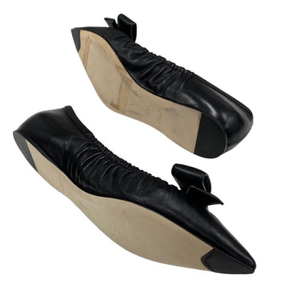 Louis Vuitton Mari Line Flat Shoes Leather Black Gold Logo Ribbon Ballet Shoes
