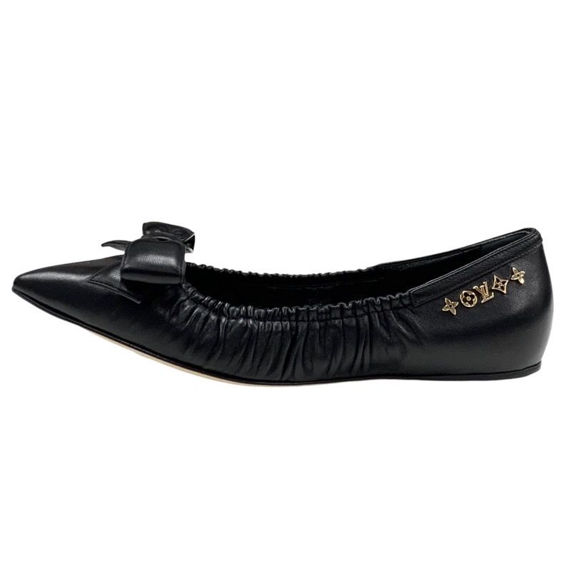 Louis Vuitton Mari Line Flat Shoes Leather Black Gold Logo Ribbon Ballet Shoes