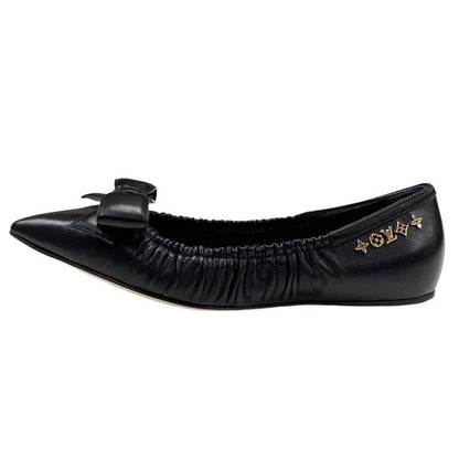 Louis Vuitton Mari Line Flat Shoes Leather Black Gold Logo Ribbon Ballet Shoes