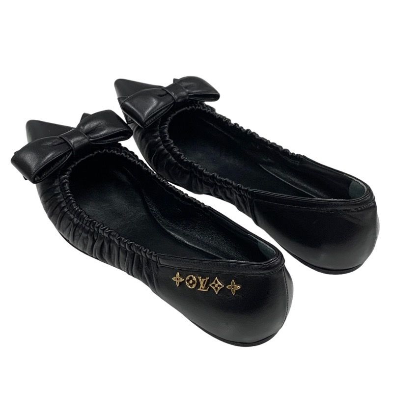 Louis Vuitton Mari Line Flat Shoes Leather Black Gold Logo Ribbon Ballet Shoes