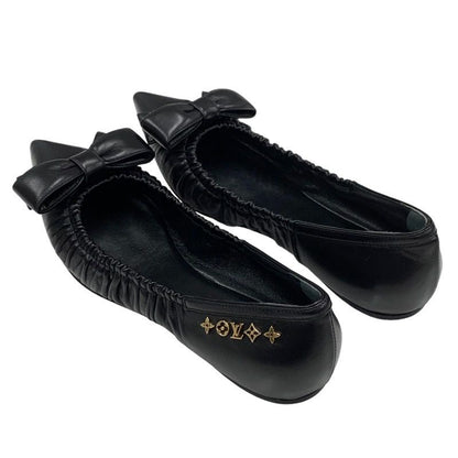 Louis Vuitton Mari Line Flat Shoes Leather Black Gold Logo Ribbon Ballet Shoes