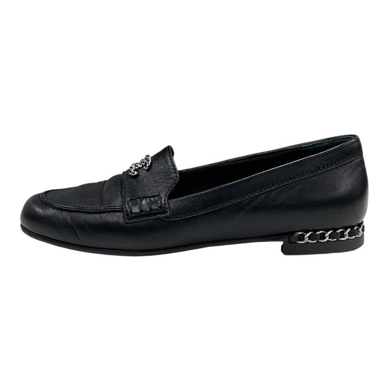 Chanel Loafer Leather Shoes Leather Black Silver Here Mark Chain Flat Shoes